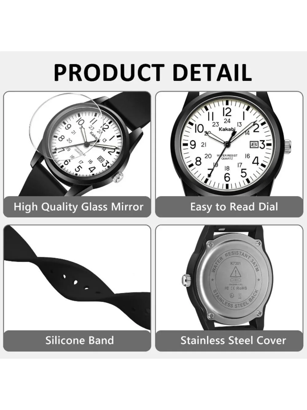 Men's Black Comfortable Silicone Strap Unisex Military Sport Analog Casual Watch